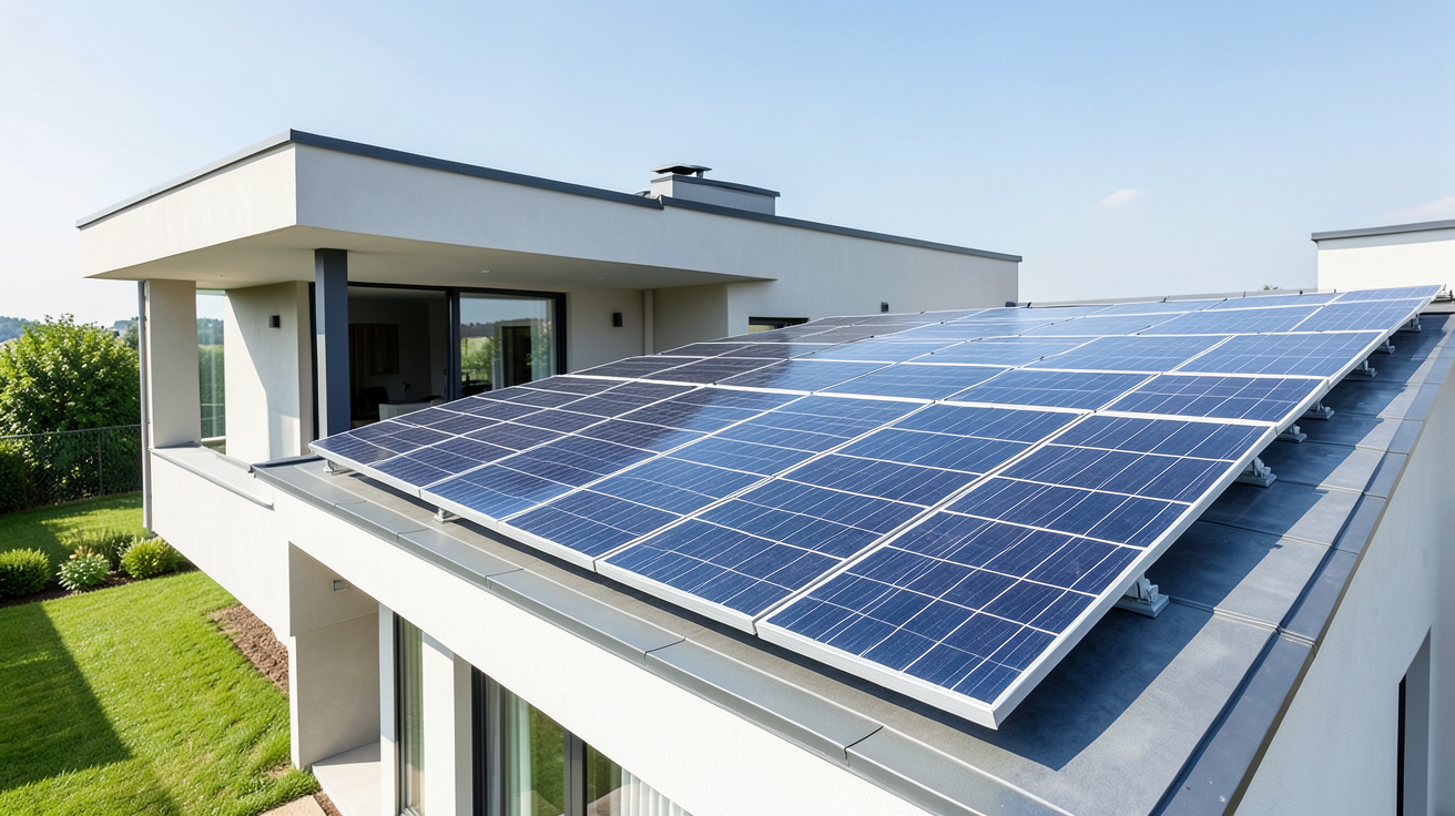 batterie photovoltaique autoconsommation installée à côté de panneaux photovoltaïques sur le toit d'une maison moderne