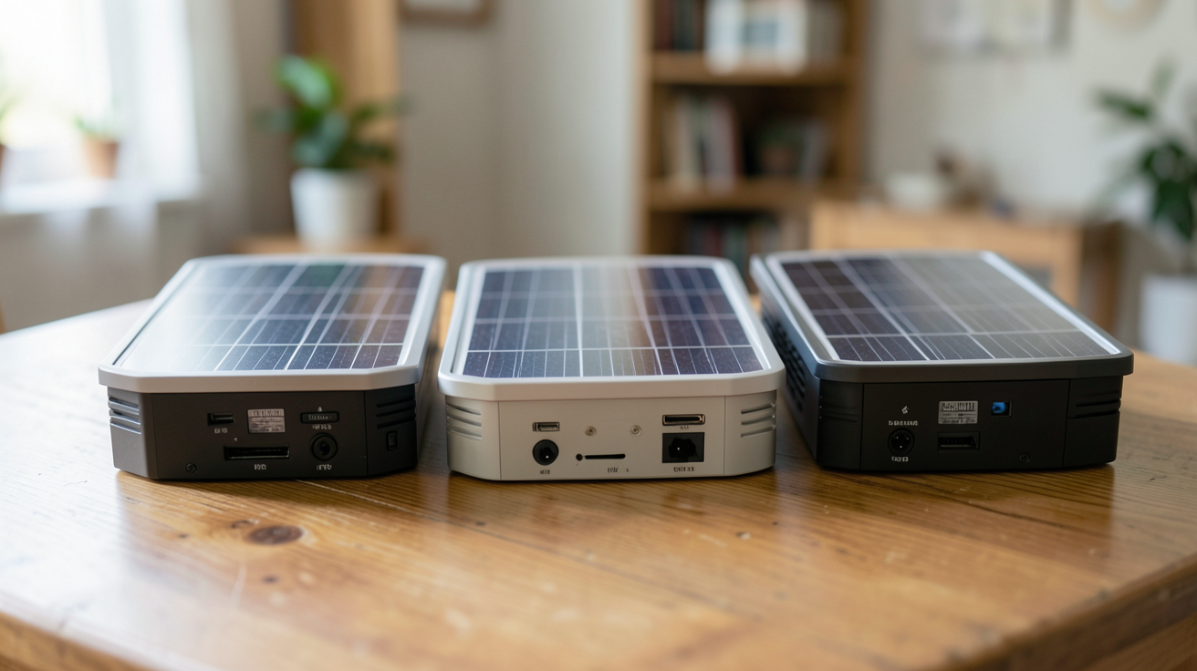 batterie photovoltaique autoconsommation cinq batteries solaires alignées sur une table, mise en scène réaliste pour un comparatif 2025
