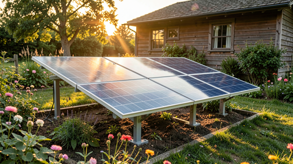 batterie photovoltaïque moderne installée dans un jardin de maison rurale