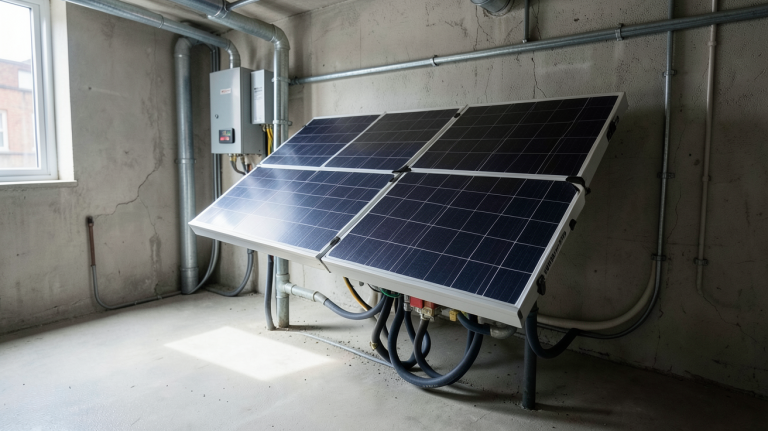 batterie photovoltaïque moderne installée dans un garage d'une maison urbaine