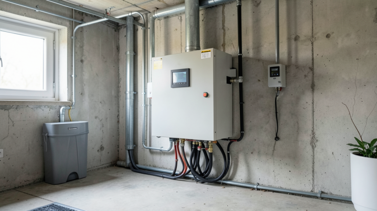 batterie plaque solaire installée dans un garage technique avec panneaux solaires visibles en arrière-plan