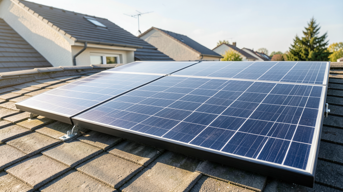 batterie plaque solaire de haute capacité installée à côté d'un panneau photovoltaïque sur un toit résidentiel