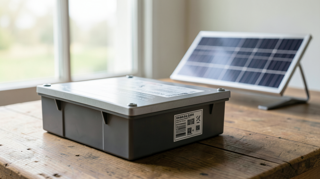 batterie plomb pour panneau solaire posée sur une table avec un panneau solaire miniature en arrière-plan