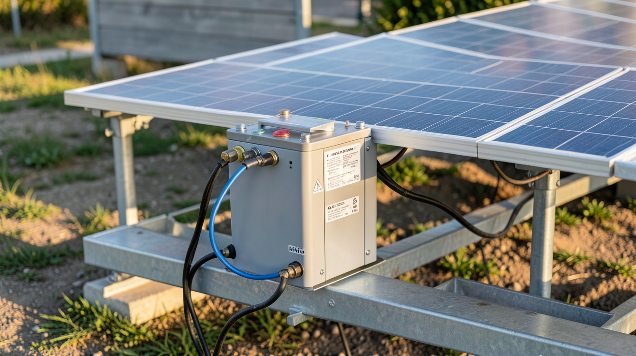 batterie plomb pour panneau solaire en cours d'installation et de raccordement avec des câbles électriques
