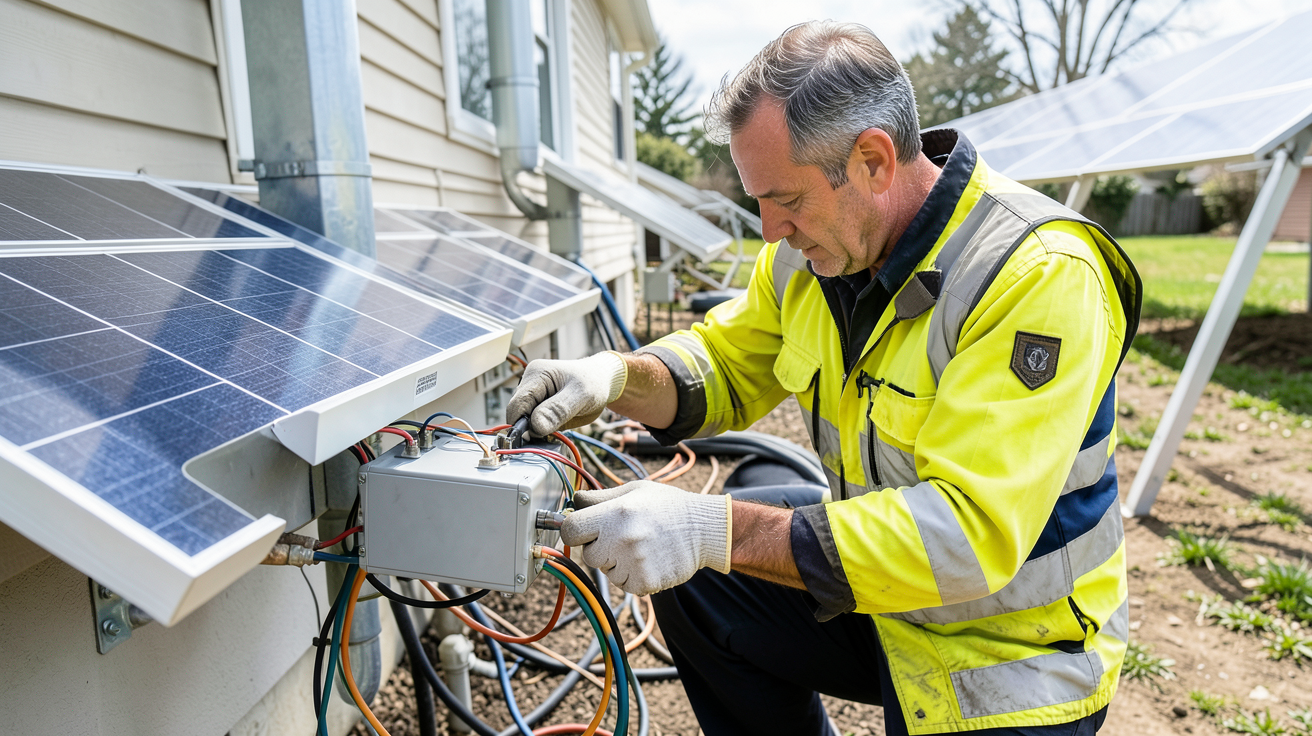 batterie plomb solaire installée par un technicien avec équipement de sécurité dans une installation solaire résidentielle