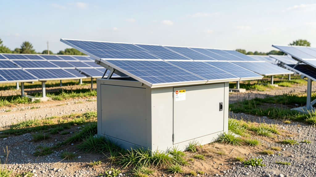batterie plomb solaire installée dans un parc solaire avec des panneaux photovoltaïques, vue en plein jour