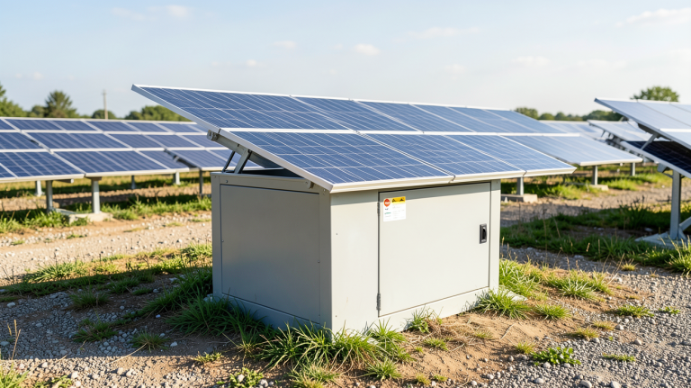 batterie plomb solaire installée dans un parc solaire avec des panneaux photovoltaïques, vue en plein jour
