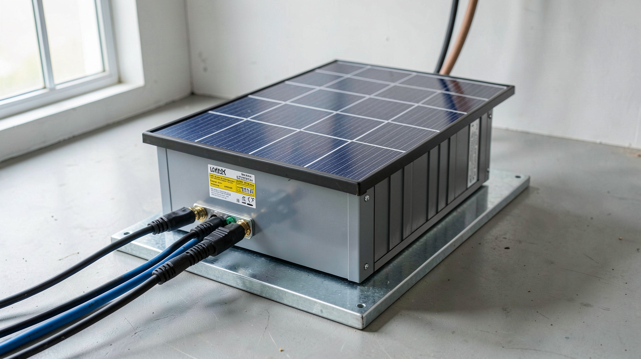 batterie pour installation photovoltaïque posée sur un socle métallique dans un local technique