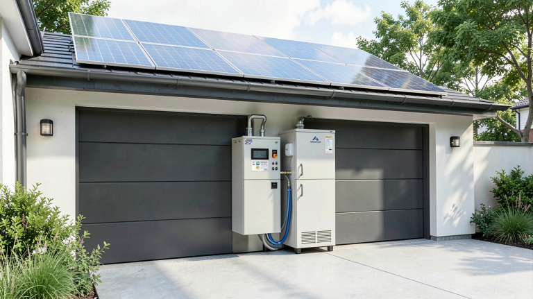 batterie pour installation photovoltaïque installée dans un garage moderne avec panneaux solaires sur le toit