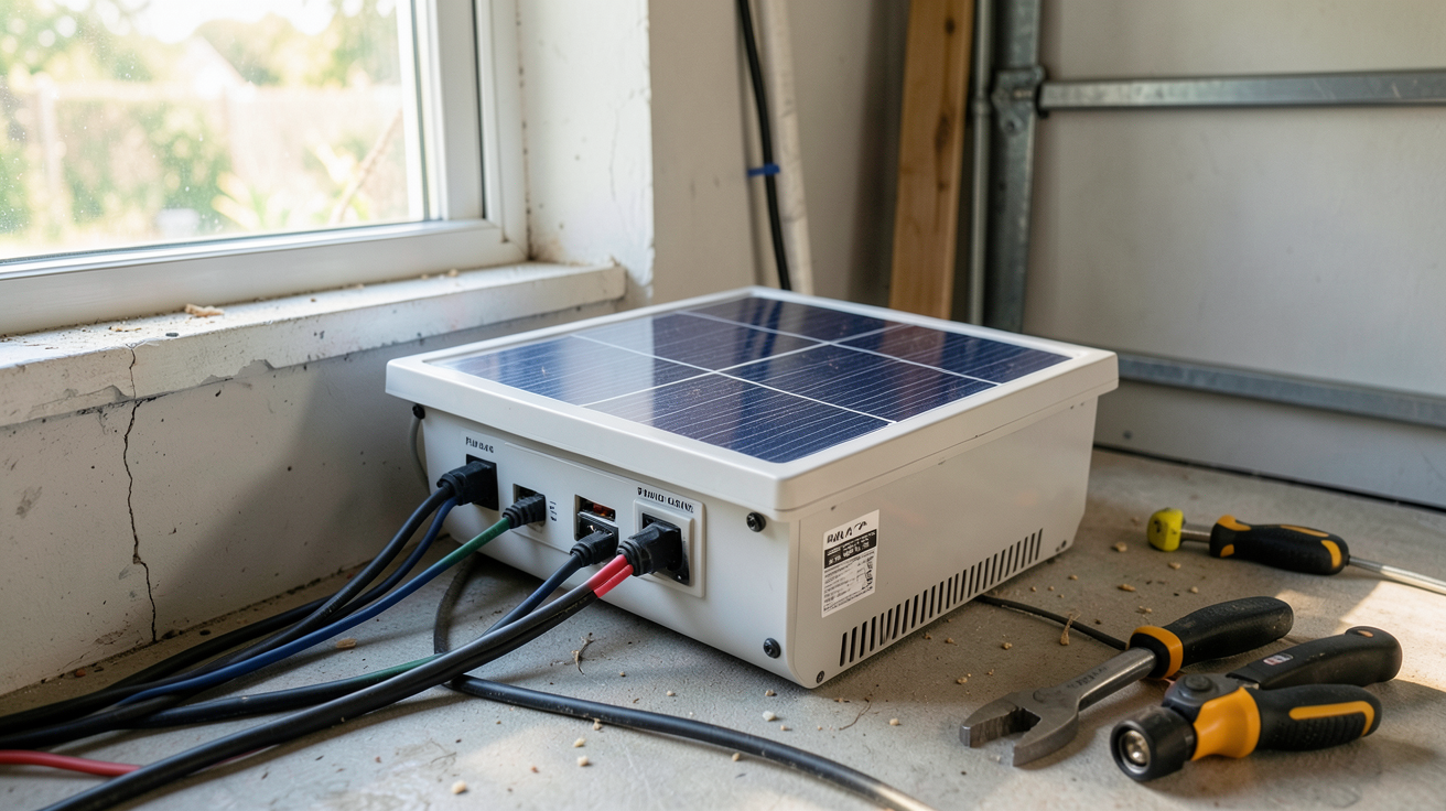 batterie pour installation solaire Plug and Play en cours d'installation dans un garage avec outils et câbles électriques