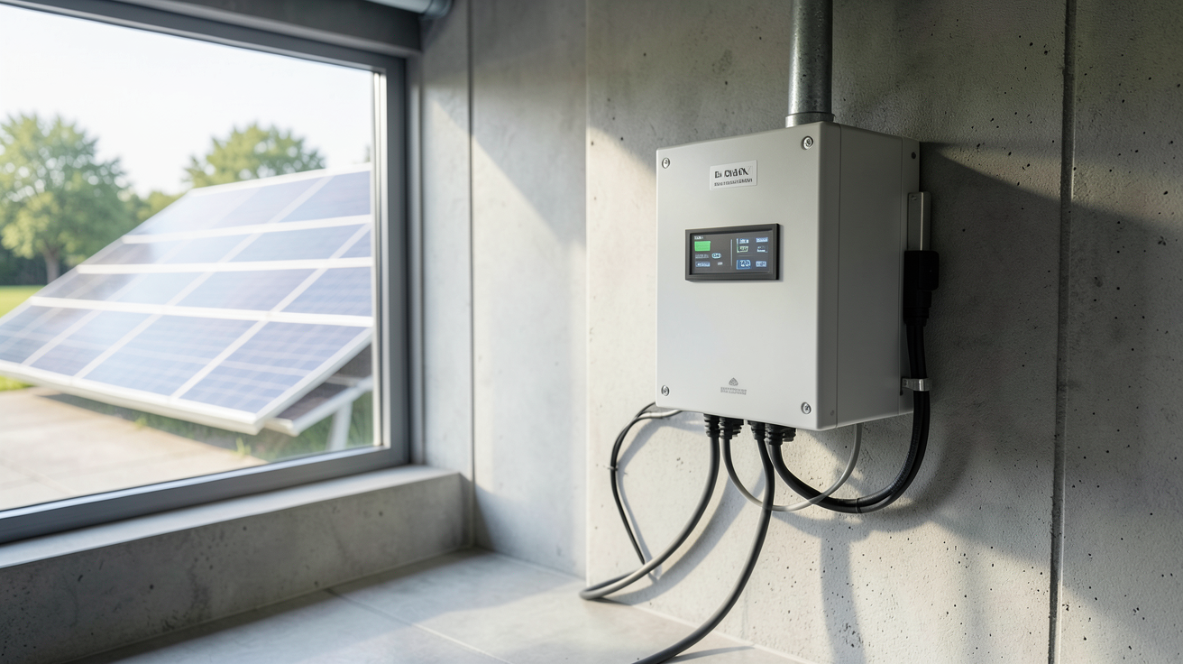 batterie pour installation solaire lithium-ion installée dans un garage moderne avec panneaux photovoltaïques visibles à travers une fenêtre