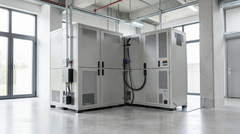 batterie pour installation solaire installée dans un local technique moderne
