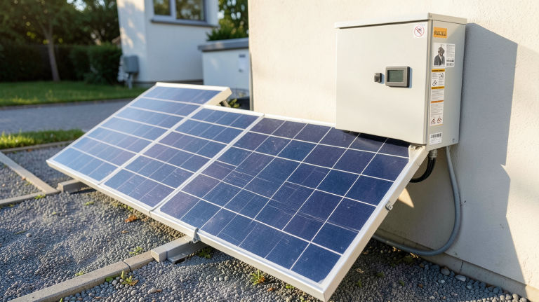 batterie pour panneau solaire 220v installée à l'extérieur près d'un boîtier électrique