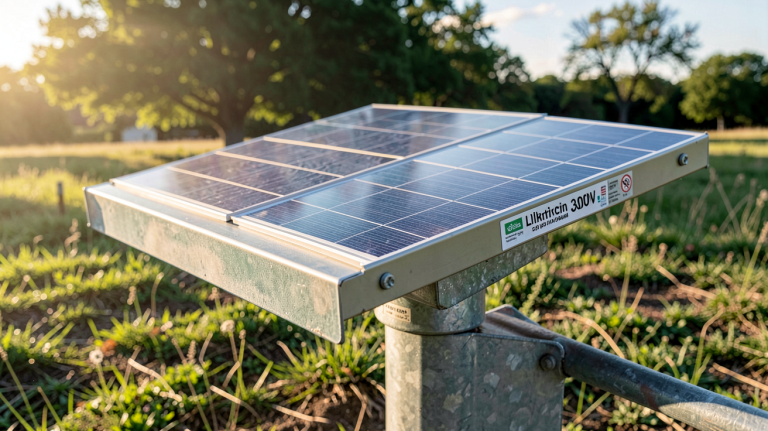 batterie pour panneau solaire 300w installée à l'extérieur sur un support métallique