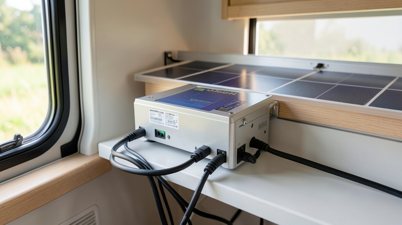 batterie pour panneau solaire camping car installée dans un camping-car avec câbles connectés