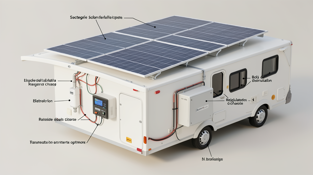 batterie pour panneau solaire camping car avec schéma d'installation montrant les composants électriques