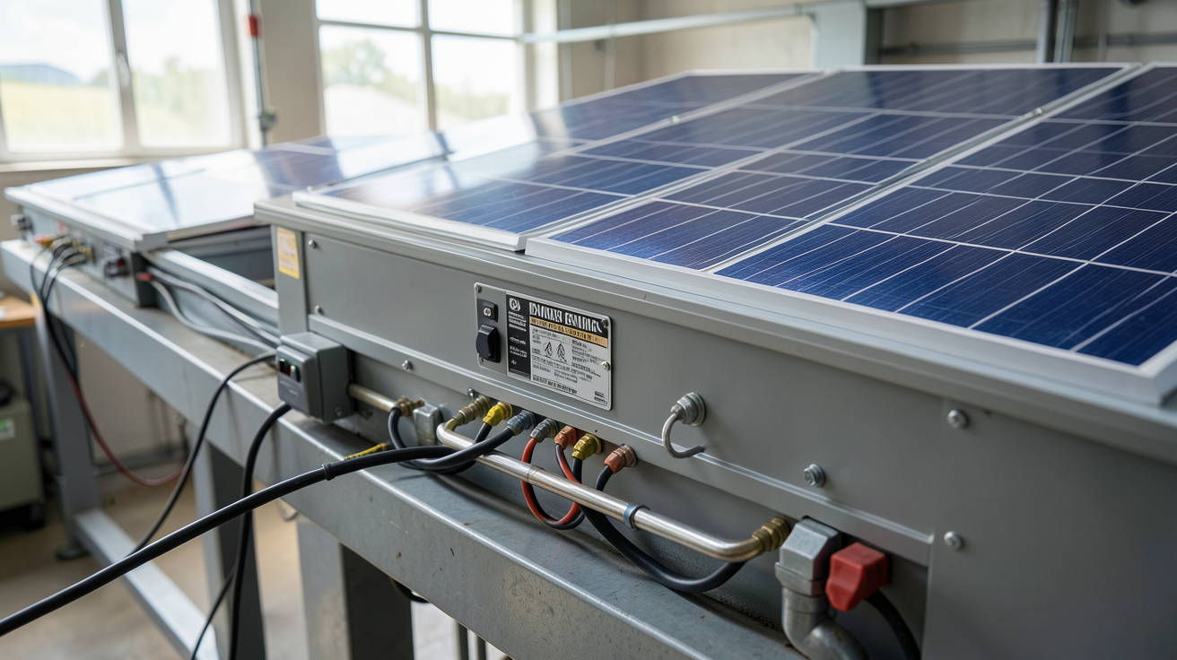 batterie pour panneau solaire installée dans un local technique avec câbles sécurisés et panneaux solaires visibles en arrière-plan