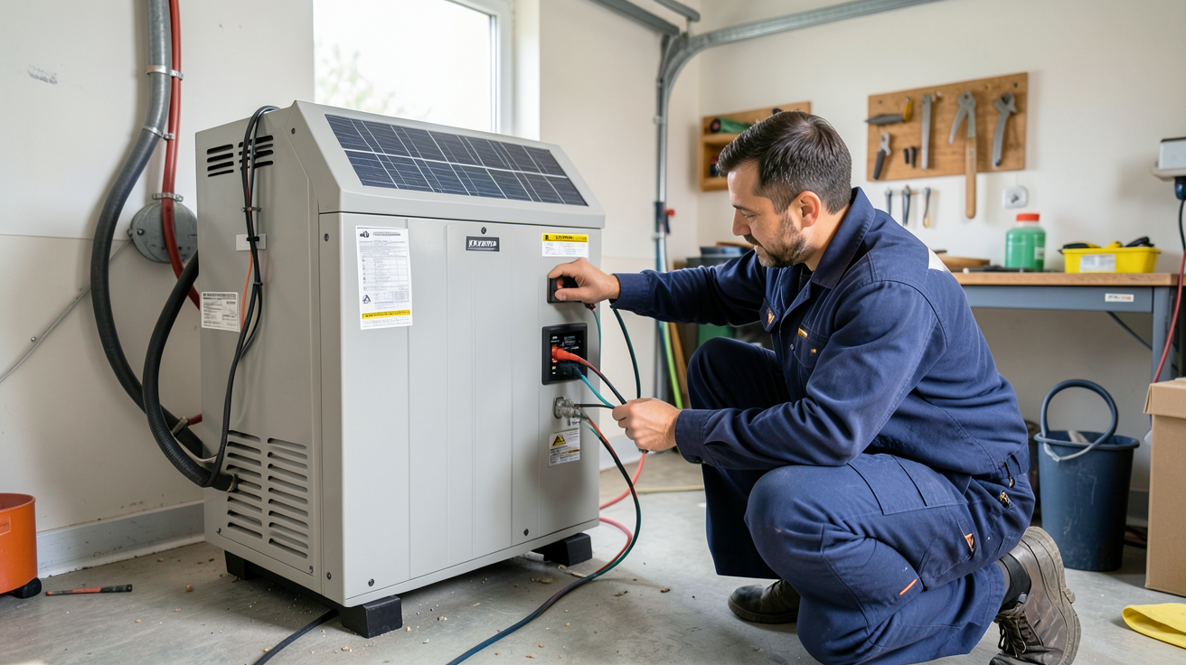 batterie pour panneau solaire maison en cours d'installation dans un garage par un technicien professionnel