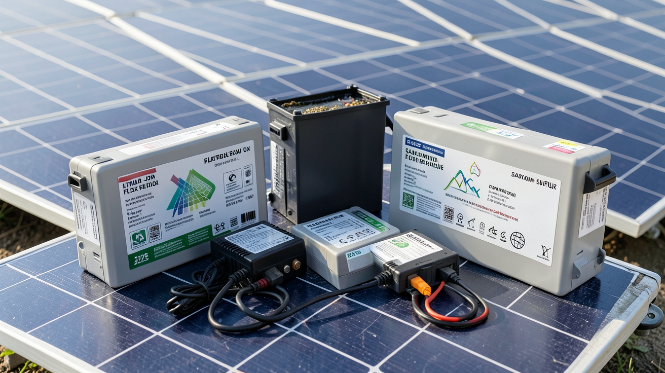 batterie pour panneau solaire présentant un assortiment des principales technologies de batteries solaires en 2025, avec plusieurs modèles visibles sur fond de panneaux photovoltaïques