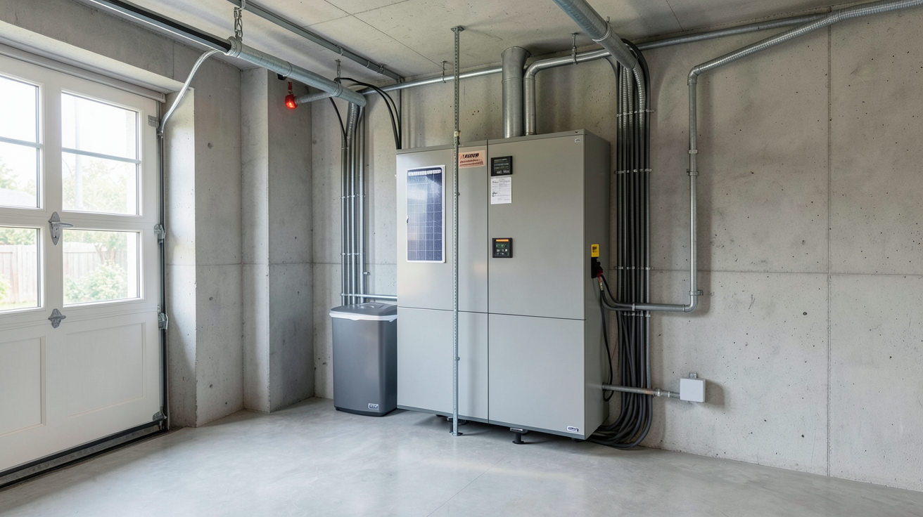 batterie pour panneaux photovoltaïque installée dans un garage de maison moderne
