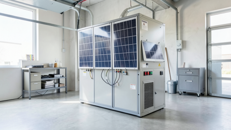 batterie pour panneaux photovoltaïque installée dans un garage moderne avec des câbles connectés