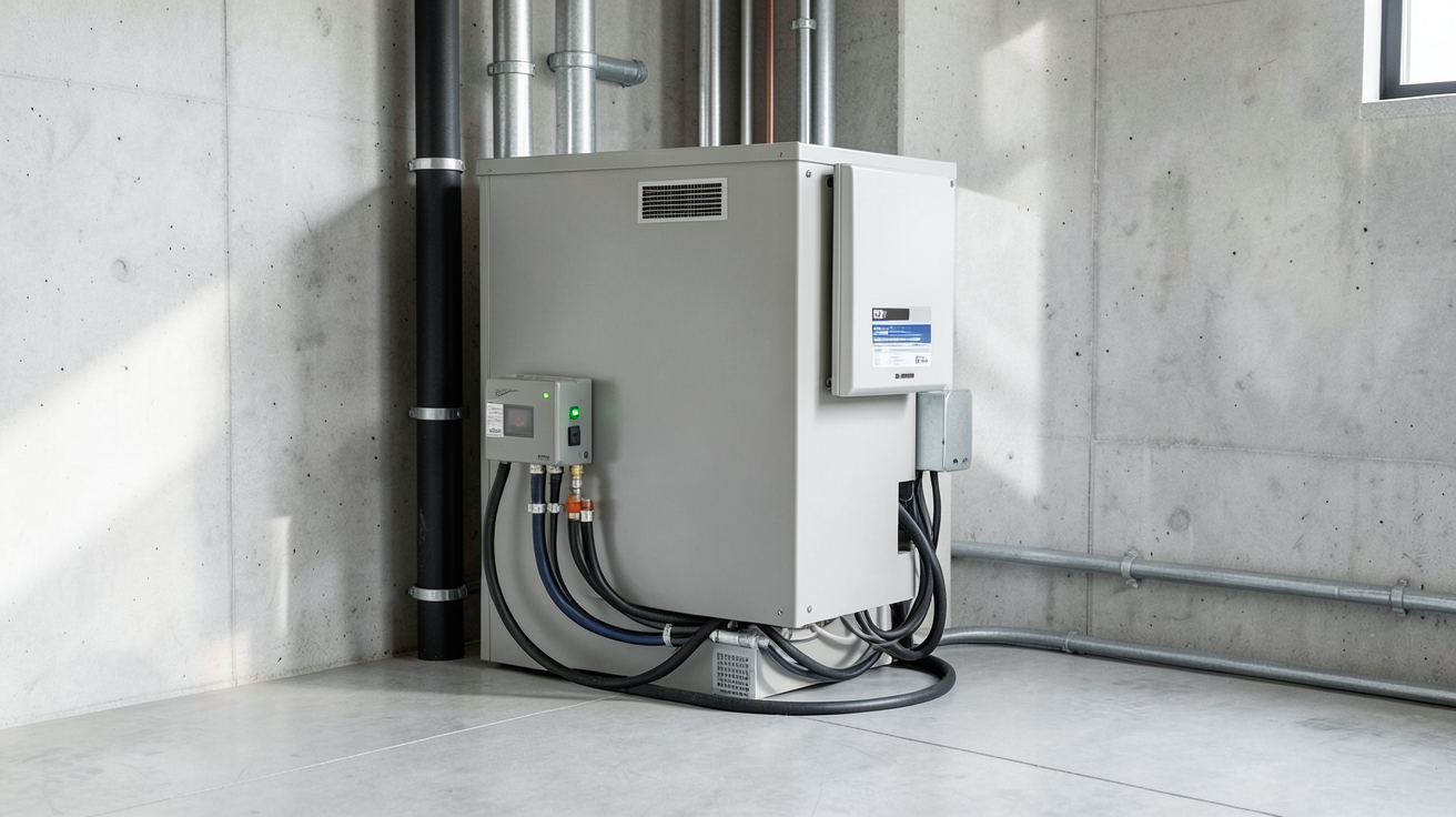 batterie pour panneaux photovoltaïques installée dans un garage moderne avec onduleur connecté