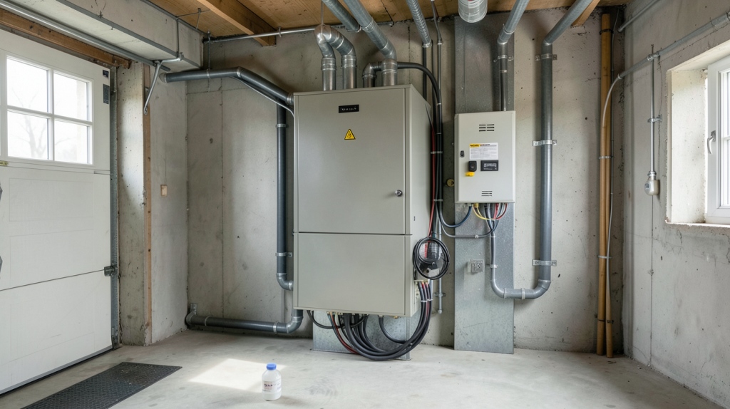 batterie pour panneaux photovoltaïques installée dans un garage technique propre et bien éclairé