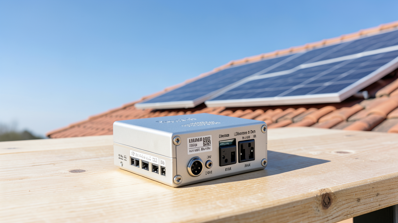 batterie pour panneaux photovoltaïques prix affichée sur une table en bois avec un panneau solaire en arrière-plan