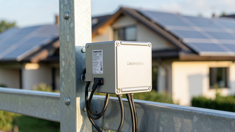 batterie pour panneaux photovoltaïques prix affichée sur un support extérieur avec une maison et des panneaux solaires en arrière-plan
