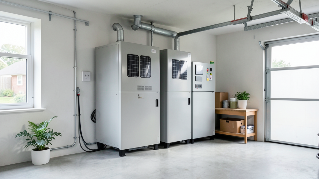 batterie pour photovoltaïque installée dans un garage moderne pour système de stockage d'énergie solaire