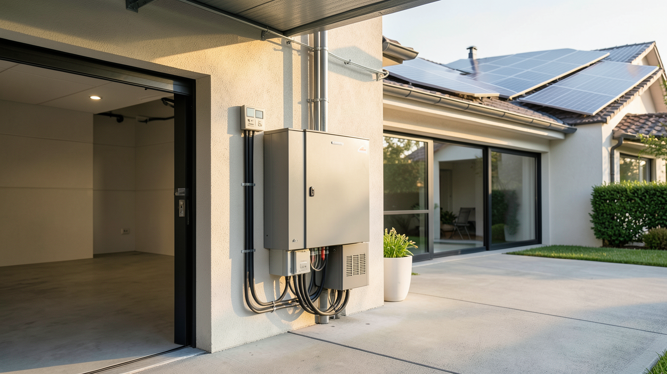 batterie pour photovoltaïque installée dans un garage avec des panneaux solaires sur le toit d'une maison