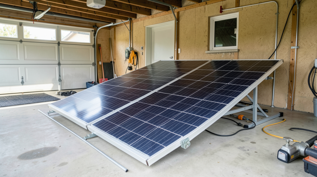 batterie pour photovoltaïque prix montrée dans un garage moderne avec panneaux solaires visibles