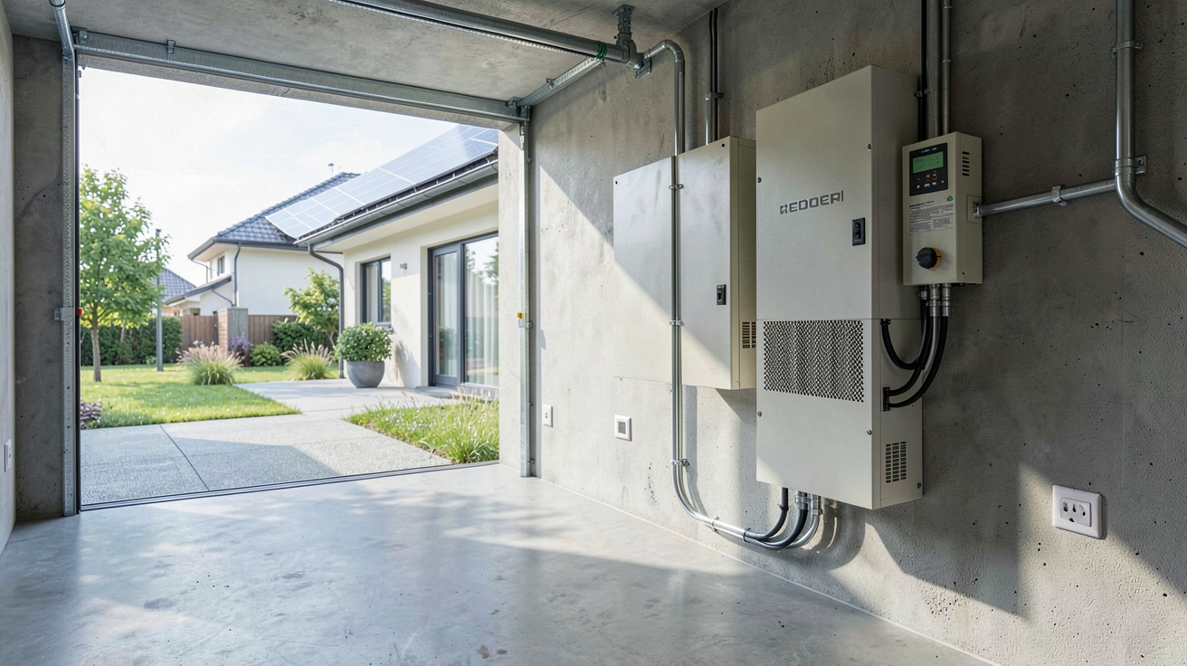 batterie pour solaire installée dans un garage moderne, connectée à un système de panneaux solaires sur une maison
