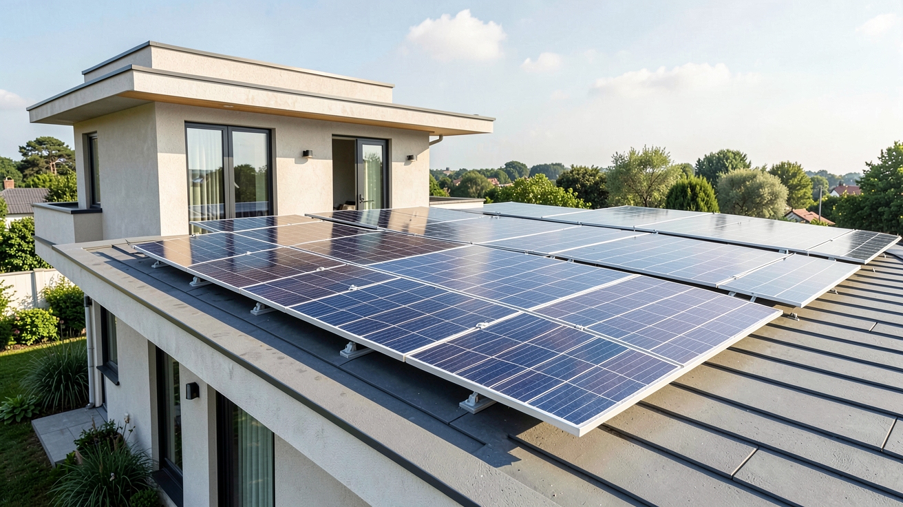 batterie pour solaire installée à côté de panneaux photovoltaïques sur le toit d'une maison moderne, illustrant l'autonomie, les économies d'énergie et l'engagement écologique