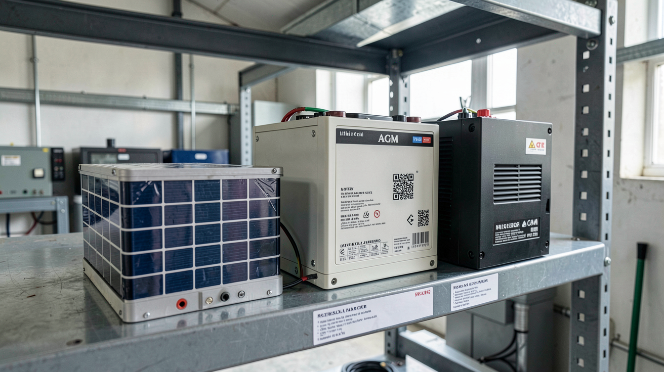 batterie pour solaire : différents types de batteries (lithium, gel, AGM) exposées dans un local technique