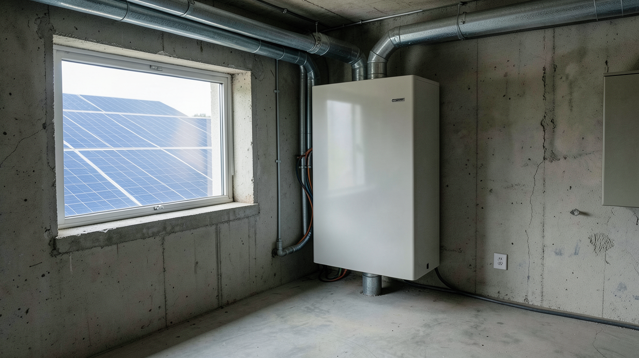 batterie pour stockage d'électricité photovoltaïque installée dans un local technique avec des panneaux solaires visibles à travers une fenêtre