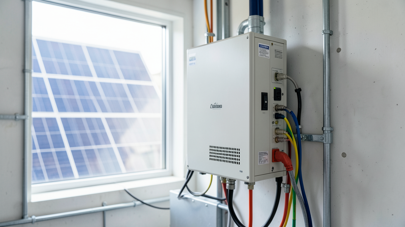batterie pour stockage d'électricité photovoltaïque installée dans un local technique avec des câbles électriques connectés