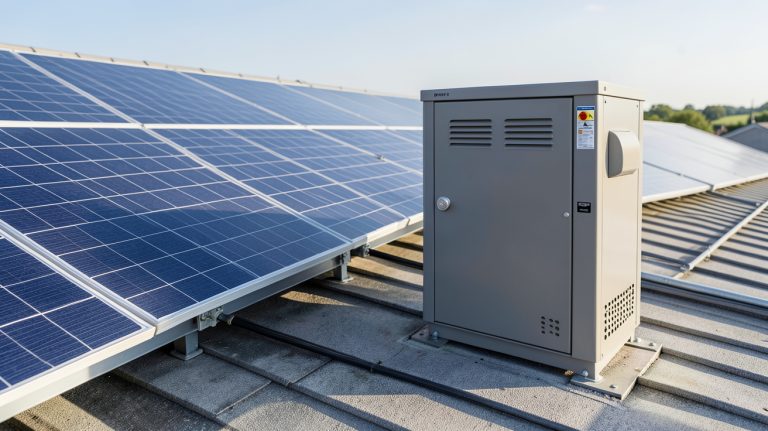 batterie pour stockage electricite photovoltaique installée à côté de panneaux solaires sur un toit, vue détaillée en haute résolution