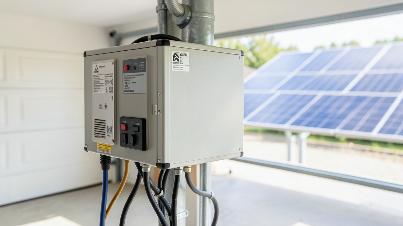 batterie pour stockage d'électricité photovoltaïque lithium-ion installée dans un garage moderne avec panneaux solaires en arrière-plan