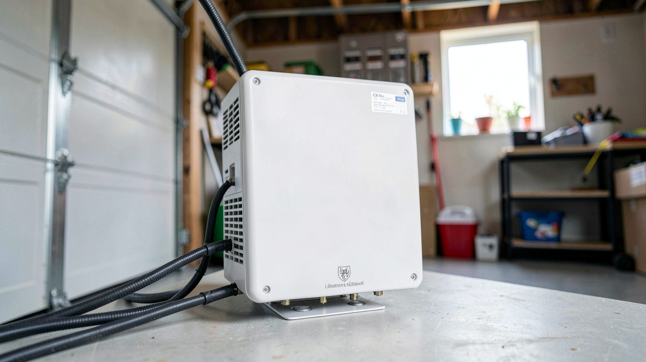 batterie pour stockage solaire lithium-ion installée dans un garage domestique