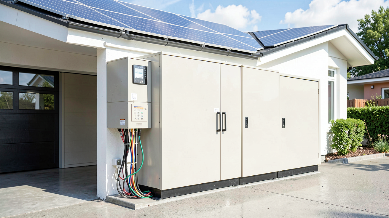 batterie pour stockage solaire installée dans un garage moderne avec panneaux photovoltaïques sur le toit