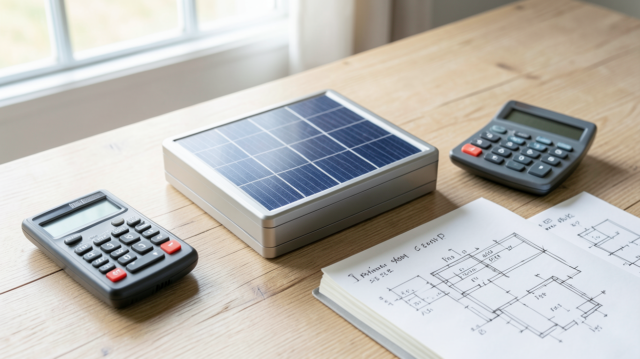 batterie pour système solaire avec outils de dimensionnement posés sur une table en bois