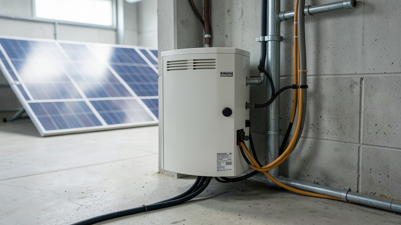 batterie pour système solaire installée avec onduleur et panneaux photovoltaïques dans un local technique