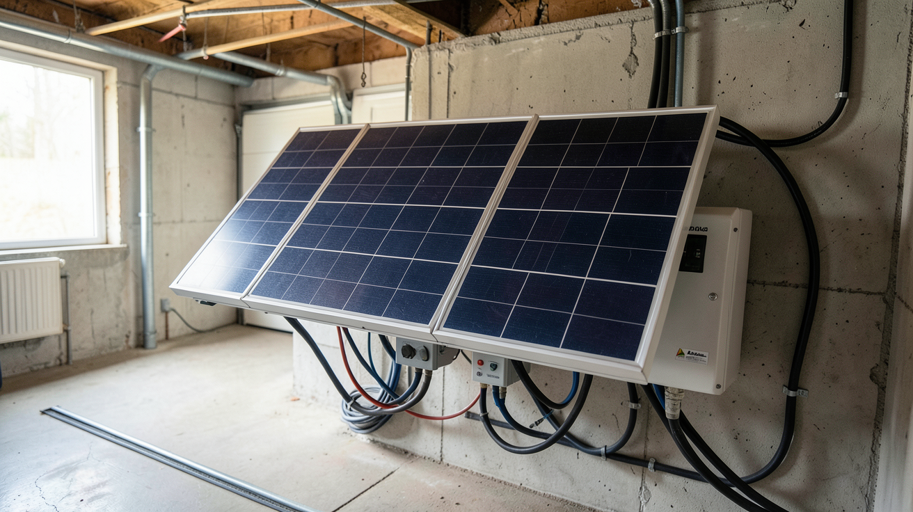 batterie solaire AC installée dans un garage technique avec câbles et onduleur connectés