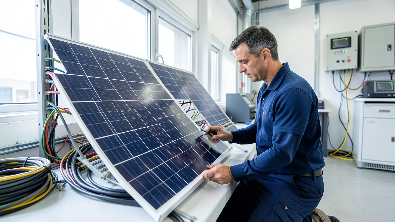 batterie solaire au lithium en cours d'installation par un expert dans un domicile moderne