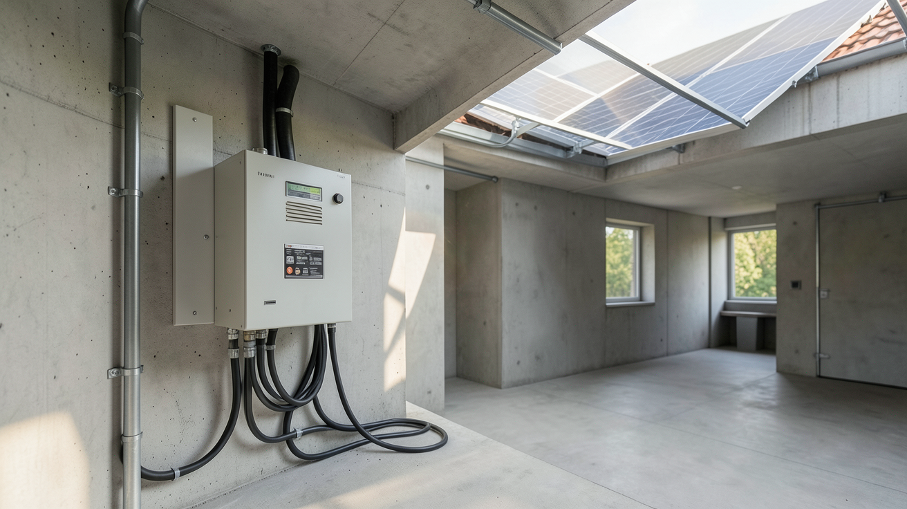 batterie solaire pour autoconsommation installée dans un espace technique moderne avec panneaux solaires sur le toit