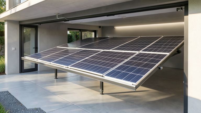 batterie solaire autoconsommation installée dans un garage moderne avec panneaux solaires sur le toit