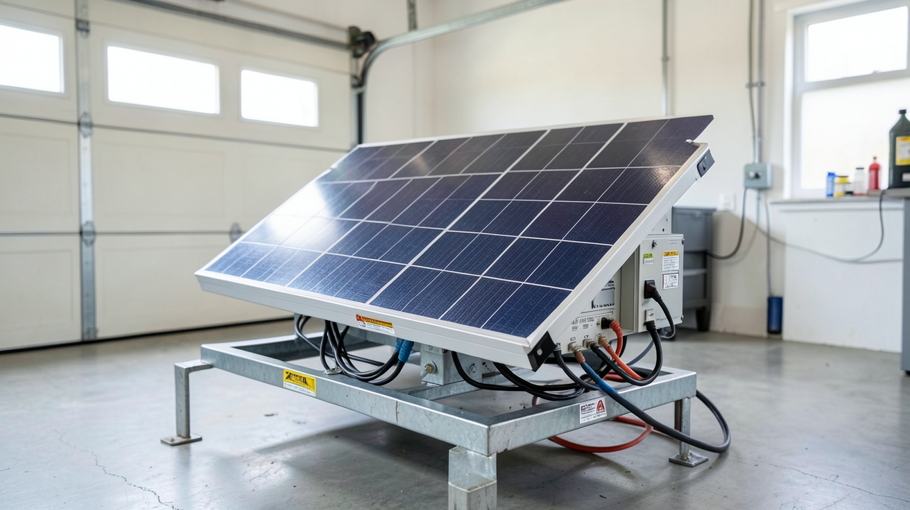 batterie solaire autonome posée sur un support métallique avec câbles électriques bien organisés et étiquettes de sécurité