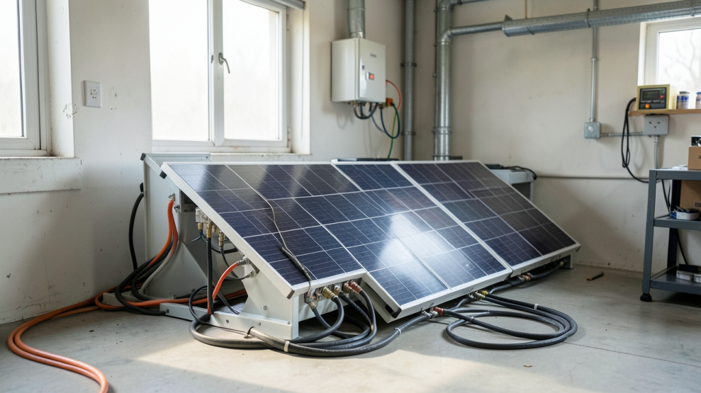 batterie solaire autonome installée dans un local technique, système de stockage d'énergie