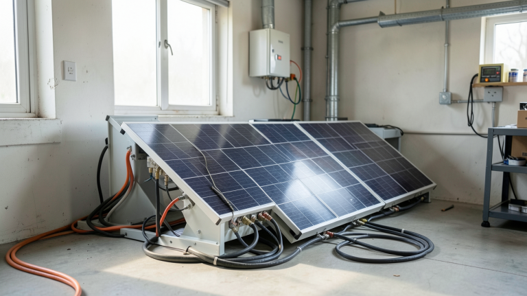 batterie solaire autonome installée dans un local technique, système de stockage d'énergie